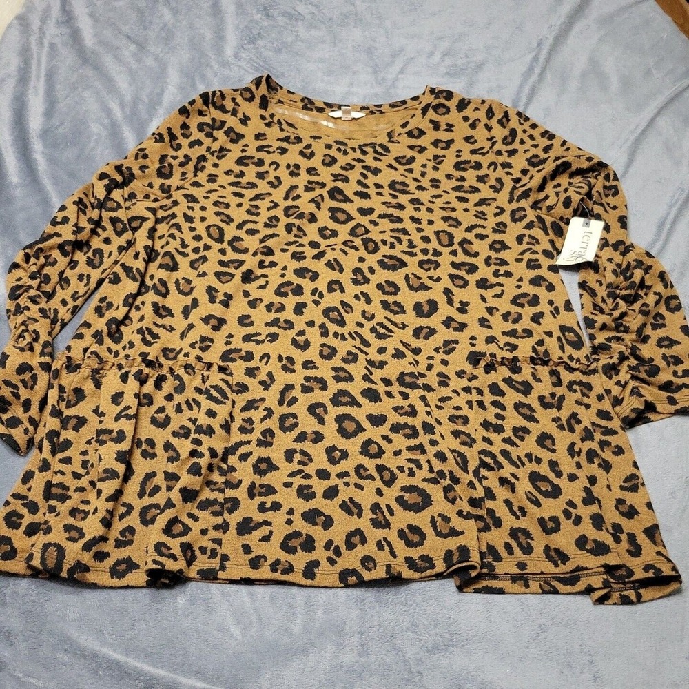 Terra Sky Shirt Womens 2X Blouse Black Leapord Comfort Stretch 3/4 Sleeve Peplum